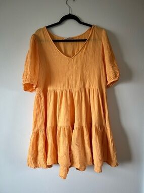 a.n.a Peach V-Neck Tiered Short Sleeve Tunic/Mini Dress